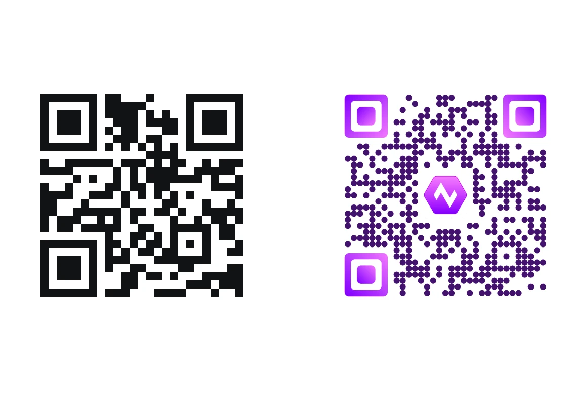 Standard QR Code vs Scanova's customized QR Code with brand logo, custom colors, and eye patterns for CPG packaging