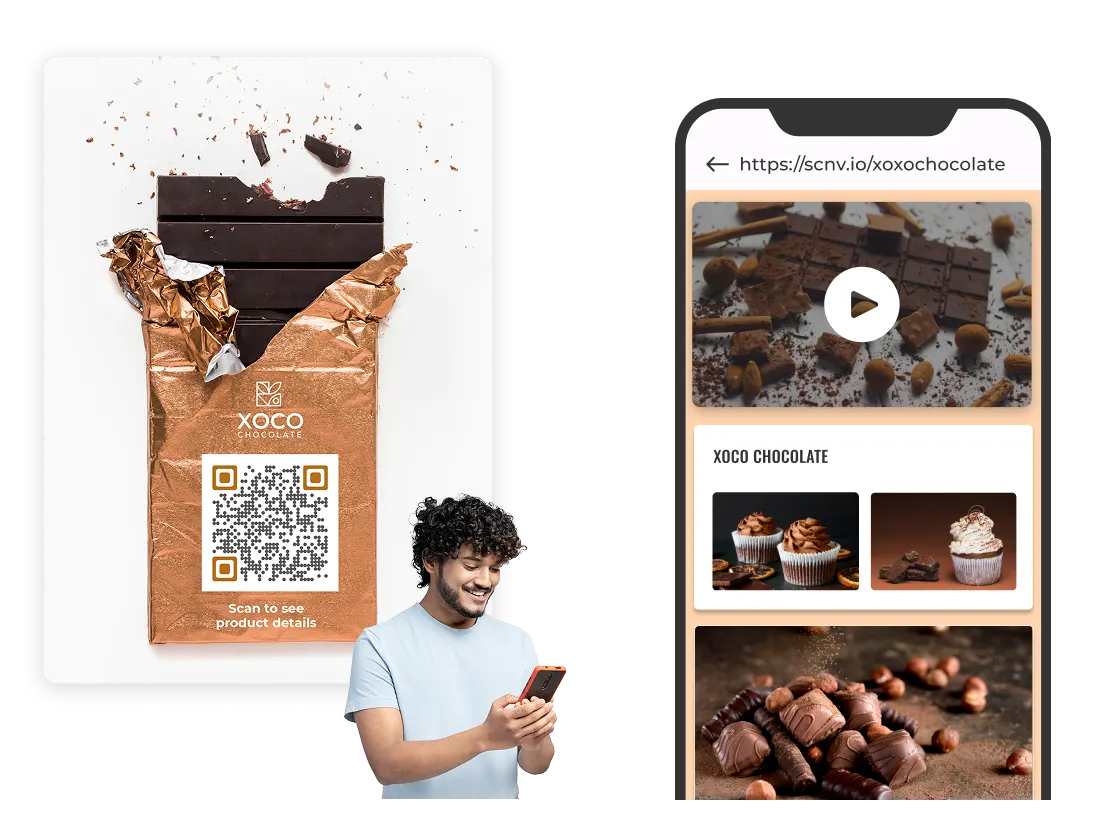 Shopper scanning chocolate pack QR Code, opening XOCO product page with videos and recipes via Scanova custom mobile page