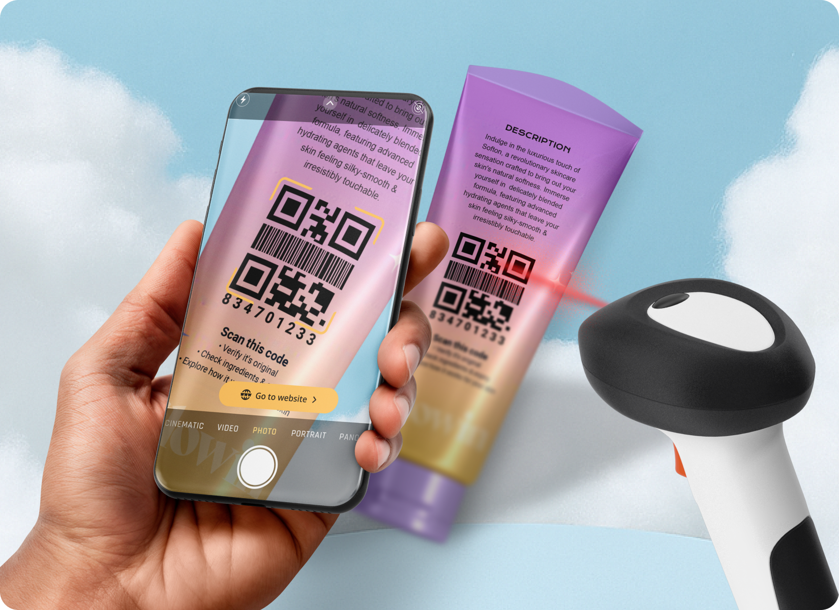 Person scanning GS1 QR Code on cosmetic product at retail POS displaying GTIN, expiry, batch, and serial data via Scanova