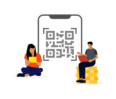 Girl and boy sitting in front of a large screen displaying a QR Code, representing over 1 million QRs created with Scanova.